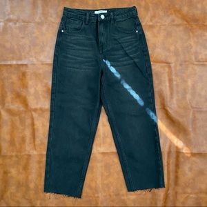 Cropped high waisted mom jeans with distressed cut off hem - Black